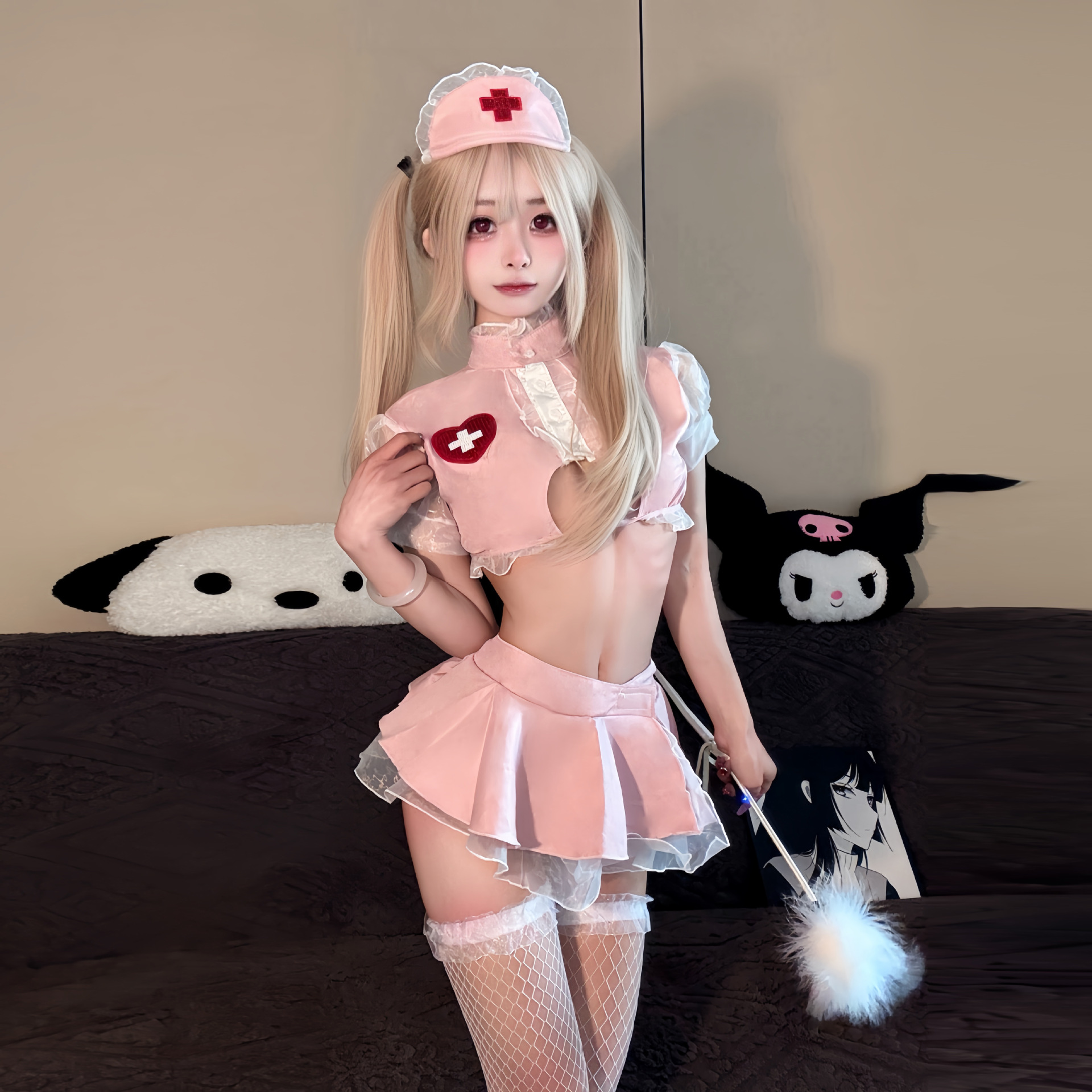 Sexy Pink Nurse Costume – Hollow-Out Cosplay Lingerie Set